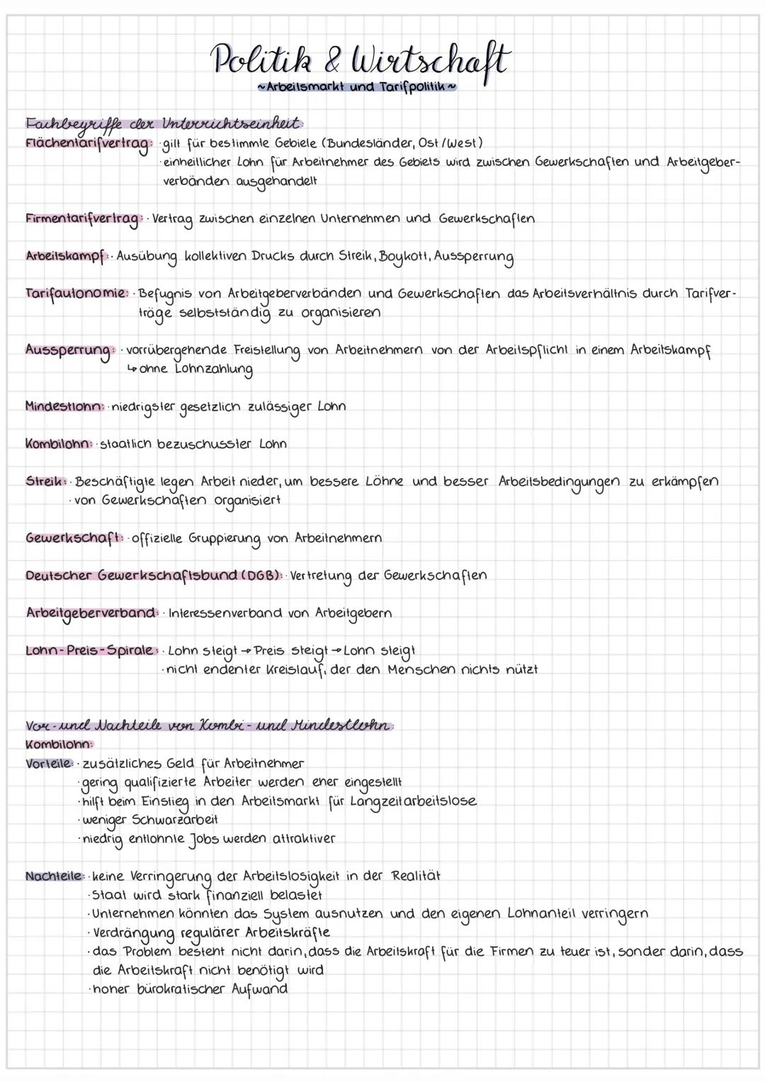 # Politik & Wirtschaft
~Arbeitsmarkt und Tarifpolitik~
Fachbegriffe cler Unterrichtseinheit:
- Flächentarifvertrag: gilt für bestimmte Gebie