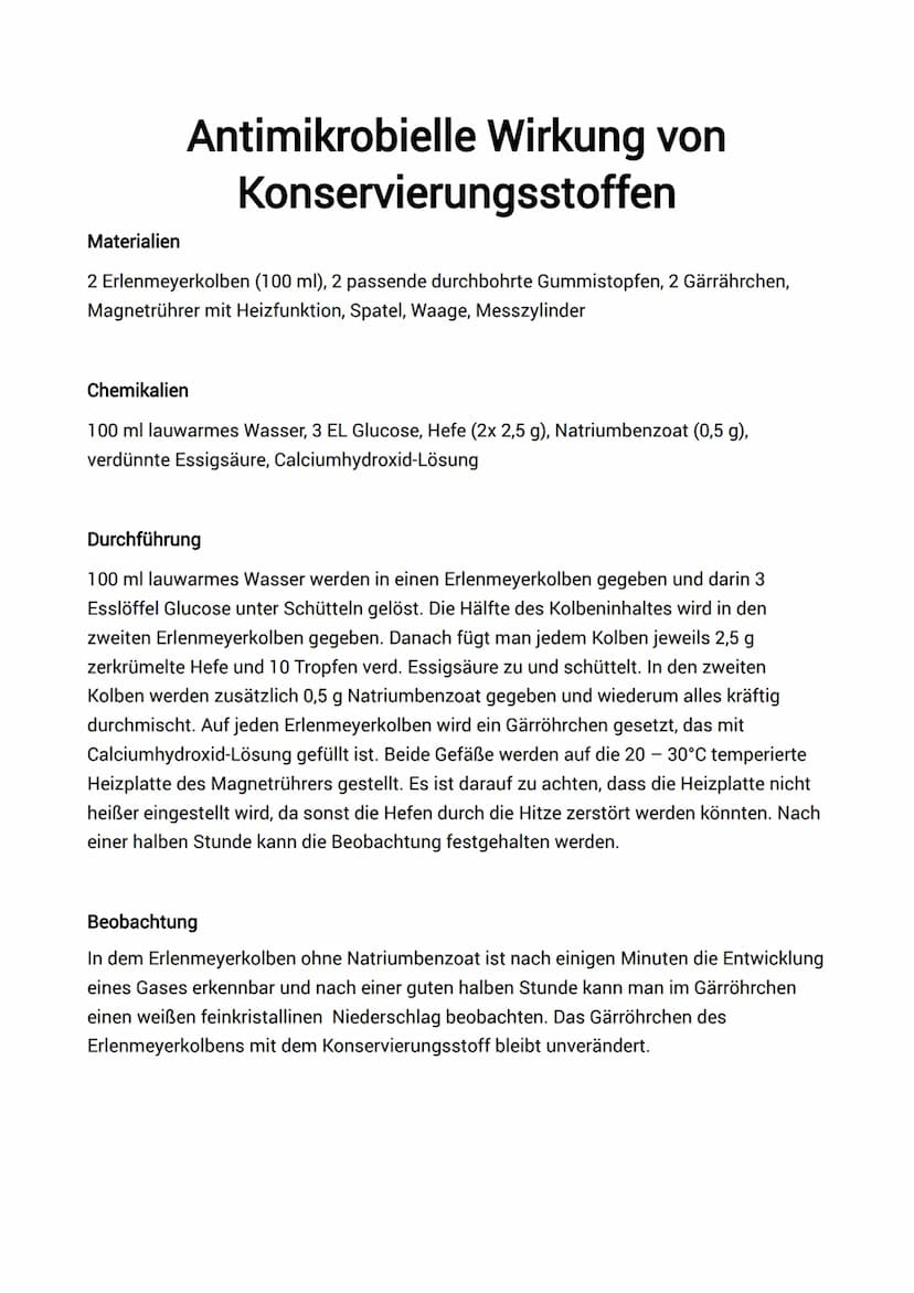 Antimikrobielle Wirkung von
Konservierungsstoffen
2 Erlenmeyerkolben (100 ml), 2 passende durchbohrte Gummistopfen, 2 Gärrährchen,
Magnetrüh