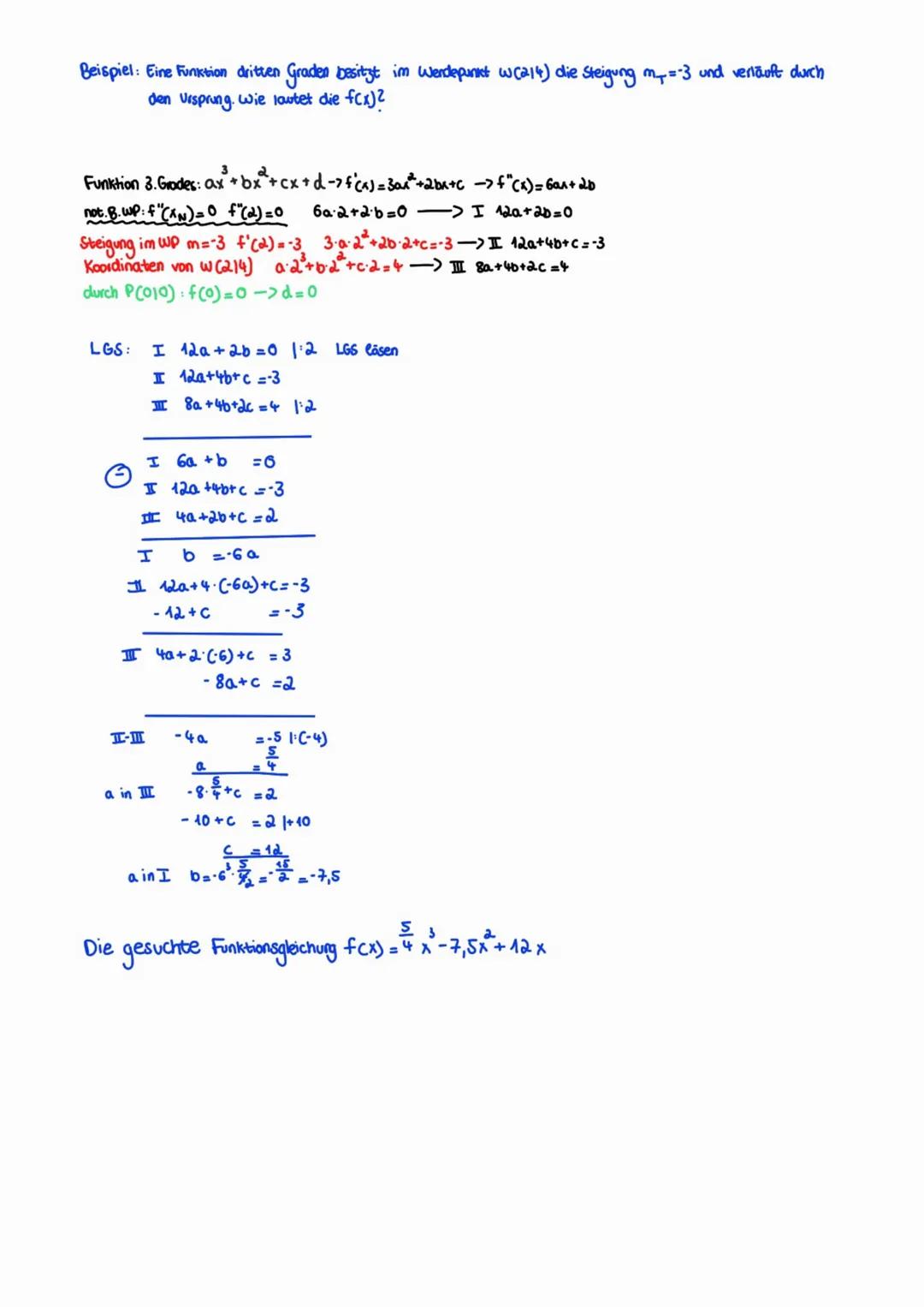 Beispiel: Eine Funktion dritten Graden besitzt im Werdepunkt w(214) die Steigung m₁=-3 und verläuft durch
den Ursprung. Wie loutet die f(x)2
