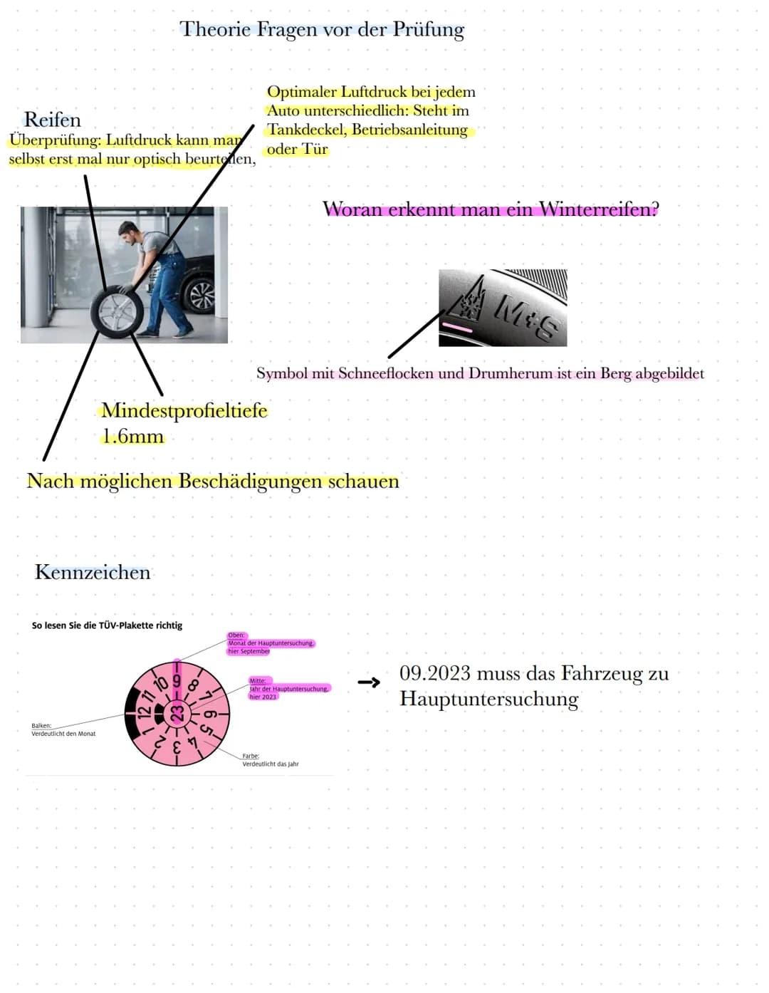 Reifen
Überprüfung: Luftdruck kann man
selbst erst mal nur optisch beurtelen,
Theorie Fragen vor der Prüfung
Kennzeichen
Balken:
Verdeutlich