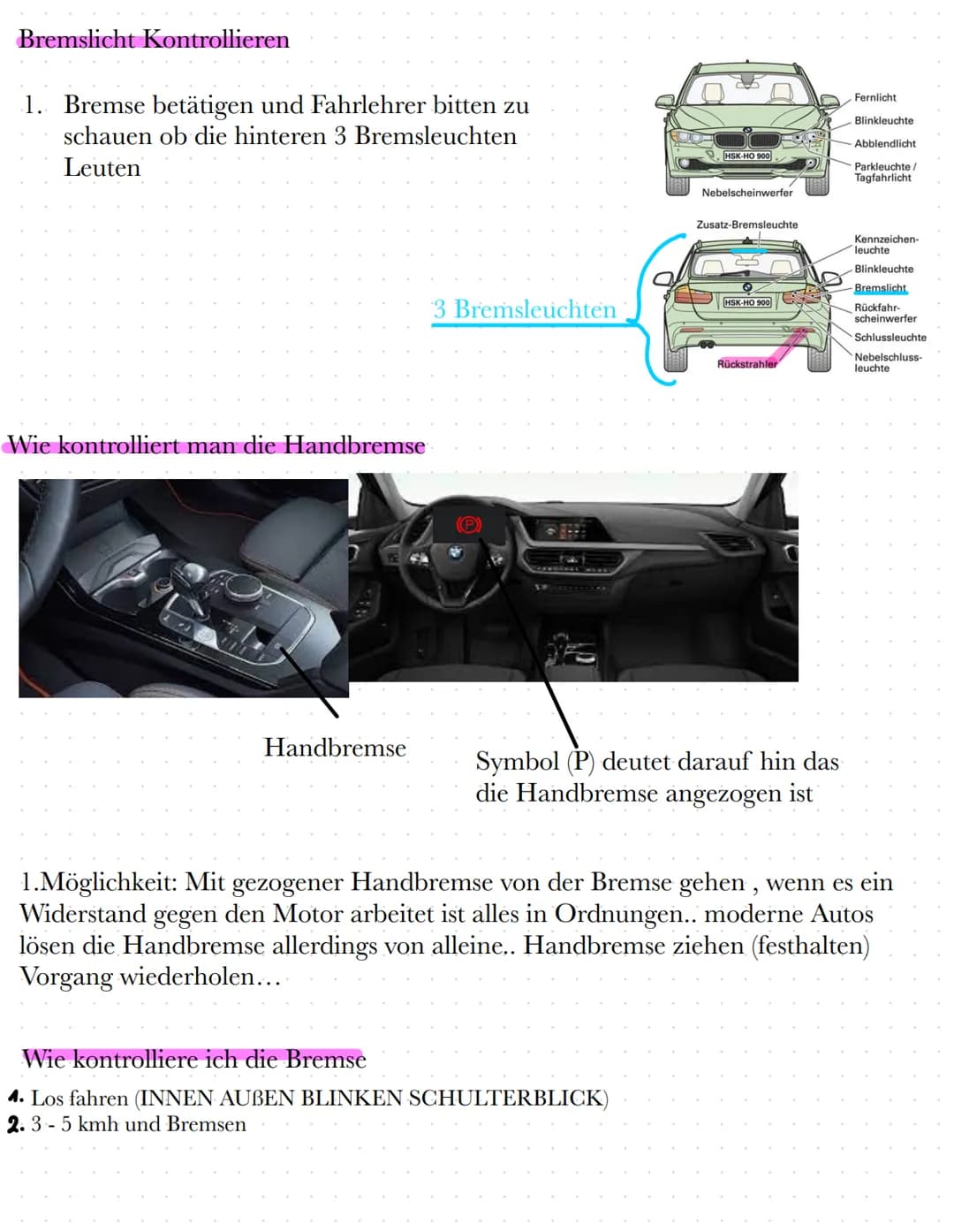 Reifen
Überprüfung: Luftdruck kann man
selbst erst mal nur optisch beurtelen,
Theorie Fragen vor der Prüfung
Kennzeichen
Balken:
Verdeutlich