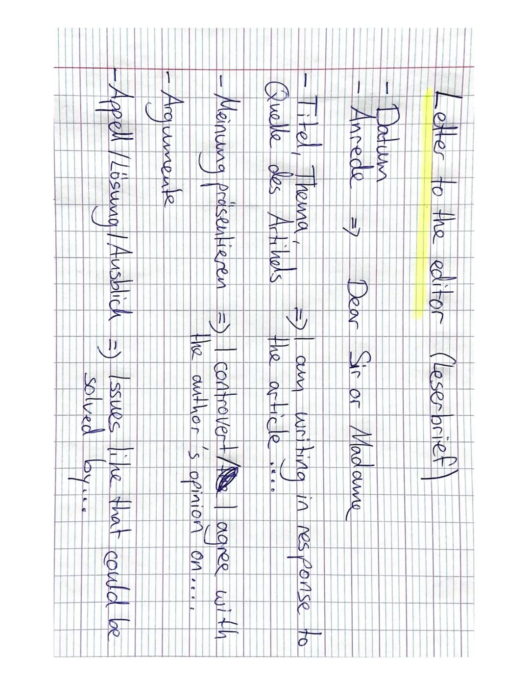 Letter to the editor (Leserbrief
-Datum
-Anrede
=>
Dear Sir or Madame
->I am writing in response to
the article....
- Titel, Thema
Quelle de