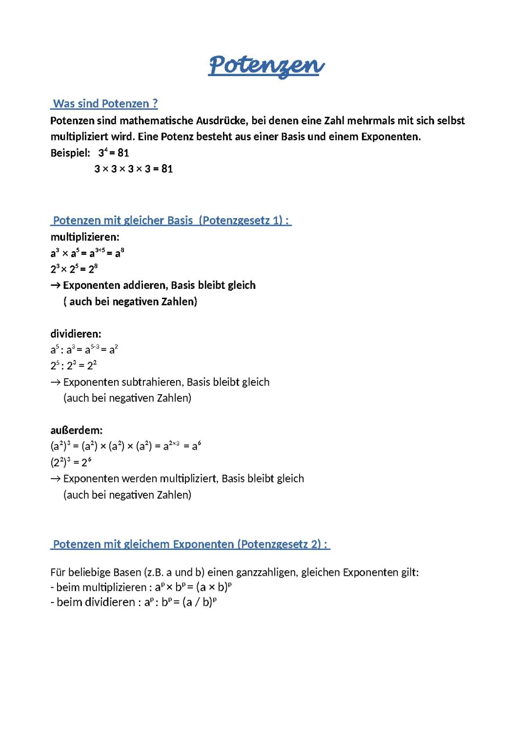 Potenzen und Potenzfunktionen