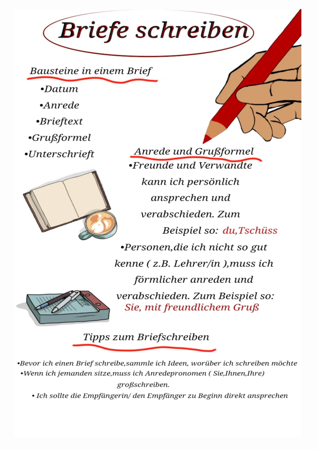 Briefe schreiben
Bausteine in einem Brief
•Datum
•Anrede
•Brieftext
•Grußformel
•Unterschrieft
Anrede und Grußformel
Freunde und Verwandte
k