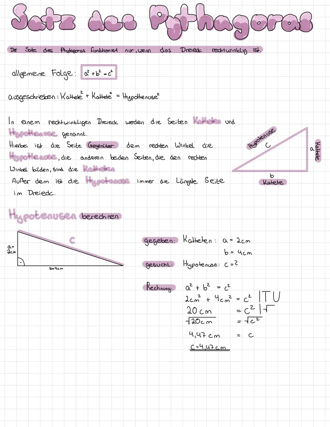 Satz Ace Pythagoras
rechtwinklig ist.
Der
Sate des
Phytagoras funktioniert
allgemeine Folge: a² + b² = c²
ausgeschrieben : Kathete + Kathete