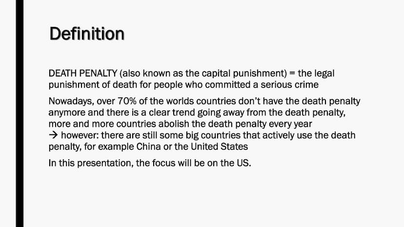 DEATH PENALTY IN THE US Definition
DEATH PENALTY (also known as the capital punishment) = the legal
punishment of death for people who commi