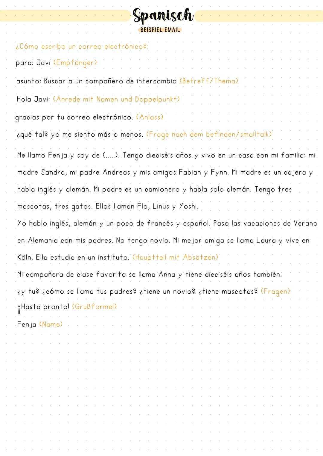 Spanisch
BEISPIEL EMAIL
¿Cómo escribo un correo electrónico?:
para: Javi (Empfänger)
asunto: Buscar a un compañero de intercambio (Befreff/T