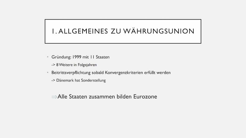 DIE EUROPÄISCHE WÄHRUNGSUNION
KONVERGENZKRITERIEN UND DIE EZB
- INHALT
I. Allgemeines zur Währungsunion
2. Konvergenzkriterien
I. Allgemeine