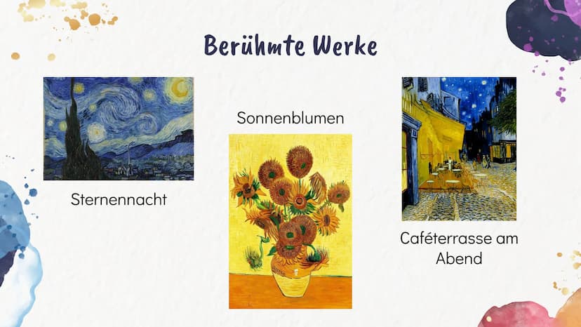 Vincent
van Gogh
Lea, Chanel, Nora 01
Wer war Vincent
van Gogh?
03
Ausdrucksmittel
und
Struktur
Formensprachen
des Künstlers
02
Allgemeine D