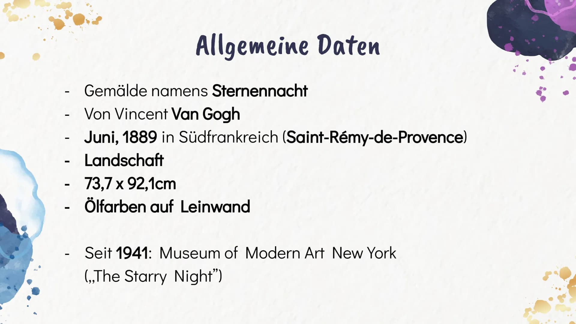 Vincent
van Gogh
Lea, Chanel, Nora 01
Wer war Vincent
van Gogh?
03
Ausdrucksmittel
und
Struktur
Formensprachen
des Künstlers
02
Allgemeine D