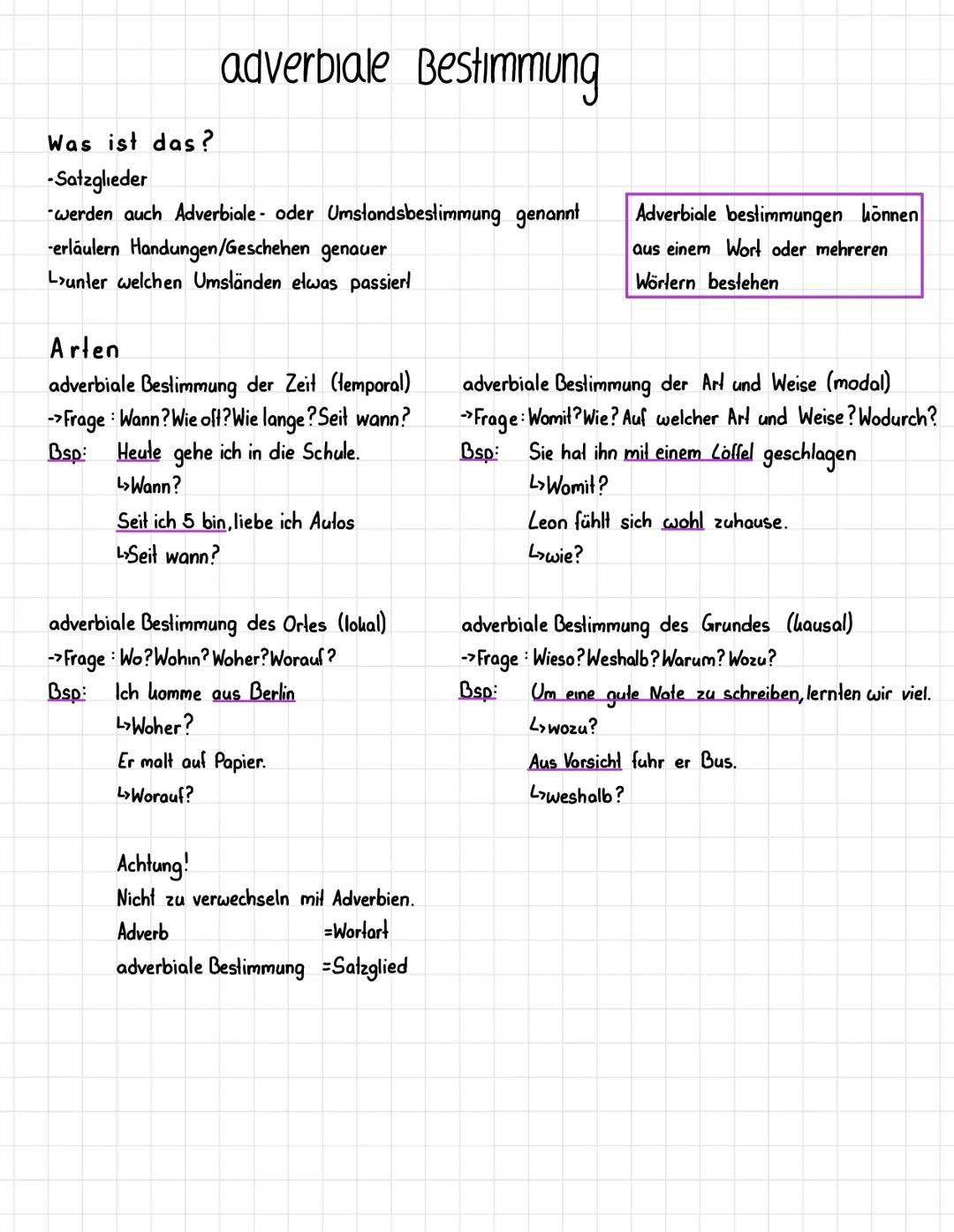 adverbiale Bestimmung
Was ist das?
-Satzglieder
-werden auch Adverbiale- oder Umstandsbestimmung genannt
erläulern Handungen/Geschehen genau