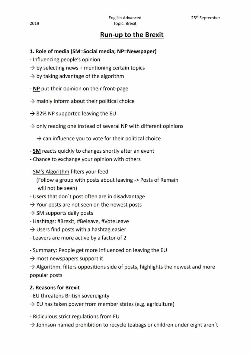 The run-up to the Brexit 2019
English Advanced
Topic: Brexit
Run-up to the Brexit
1. Role of media (SM-Social media; NP=Newspaper)
- Influen