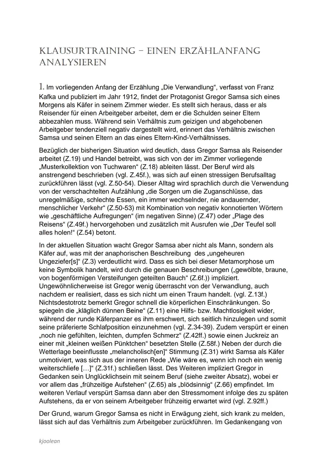 KLAUSURTRAINING - EINEN ERZÄHLANFANG
ANALYSIEREN
1. Im vorliegenden Anfang der Erzählung „Die Verwandlung", verfasst von Franz
Kafka und pub