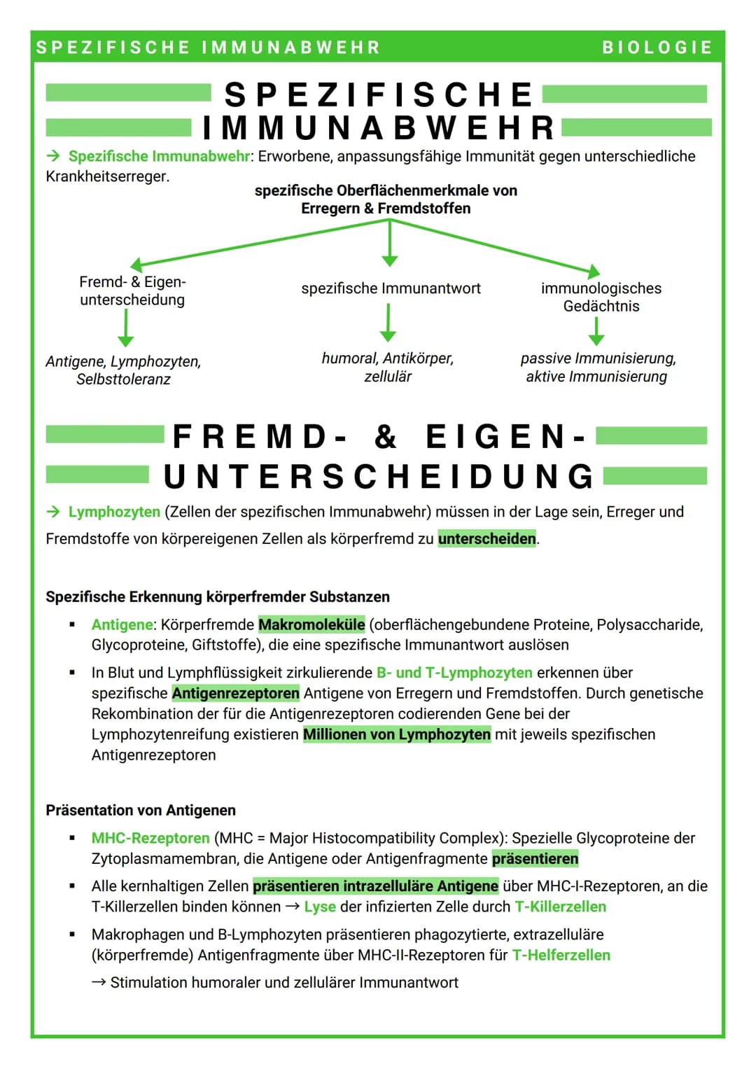 SPEZIFISCHE IMMUNABWEHR
→ Spezifische Immunabwehr: Erworbene, anpassungsfähige Immunität gegen unterschiedliche
Krankheitserreger.
Fremd- & 