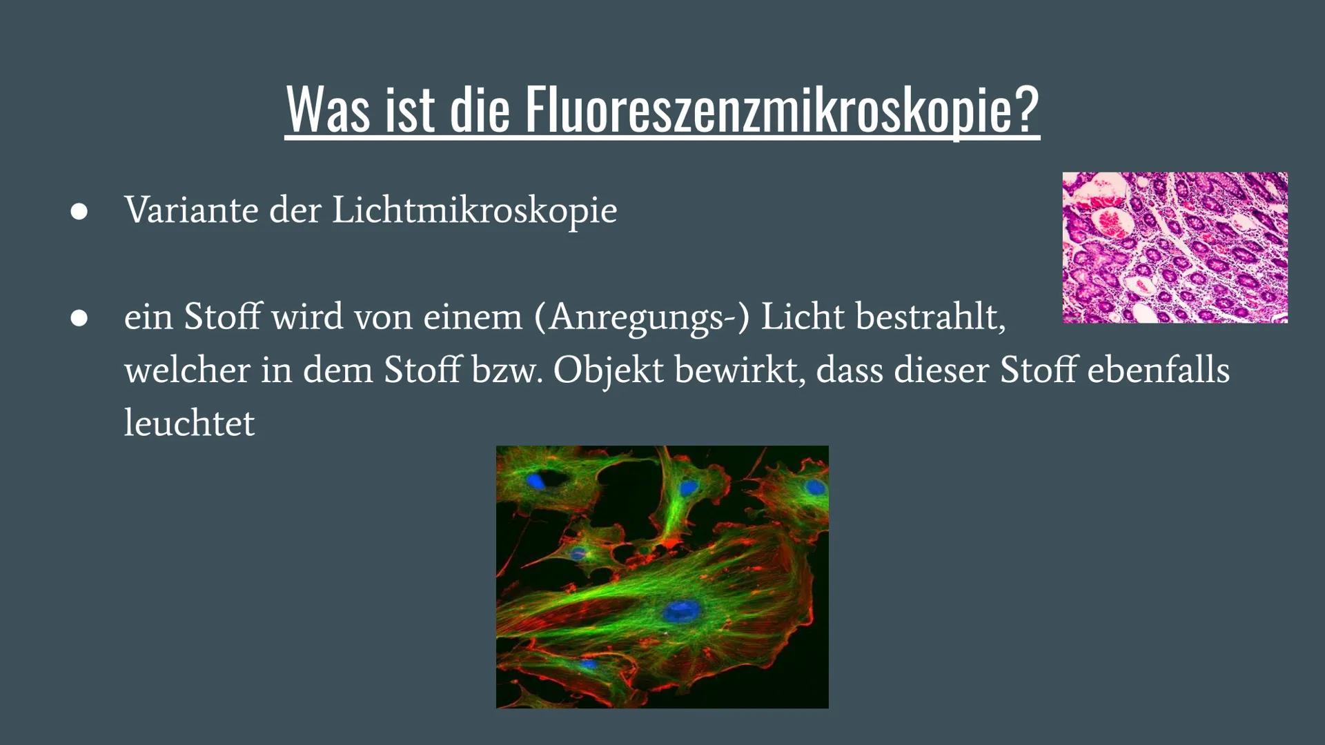 Fluoreszenzmikroskopie Was ist die Fluoreszenzmikroskopie?
Variante der Lichtmikroskopie
ein Stoff wird von einem (Anregungs-) Licht bestrah