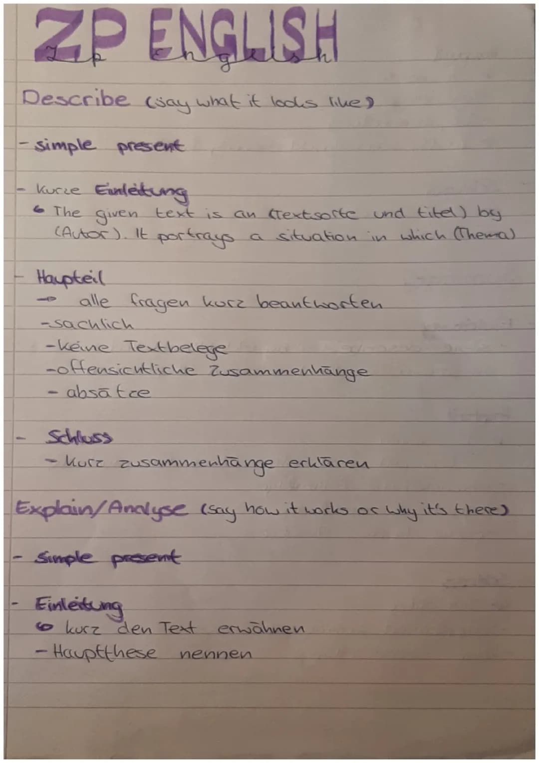 ZP ENGLISH
Describe say what it looks like)
simple present
Kurze Einleitung
• The given text is an (Textsorte und titel) by
(Autor). It port