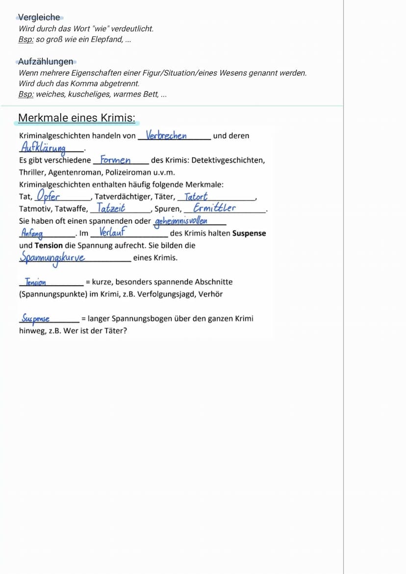 Lernzettel
-Klassenarbeit: Kriminalgeschichten
Bausteine eines Krimis:
Tat
Ein Verbrechen z. B. ein Mord, ein Raubüberfall, eine Körperferle