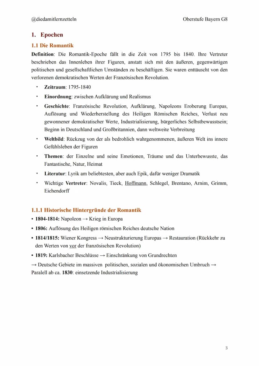 @diedamitlernzetteln
Deutsch Zusammenfassung Q11
1. Epochen
1.1 Die Romantik
1.1.1 Historische Hintergründe der Romantik
1.2 Weimarer Klassi