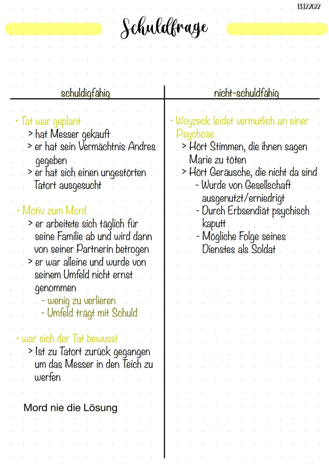 schuldigfähig
Schuldfrage
Tat war geplant
> hat Messer gekauft
> er hat sein Vermächtnis Andres
gegeben
> er hat sich einen ungestörten
Tato