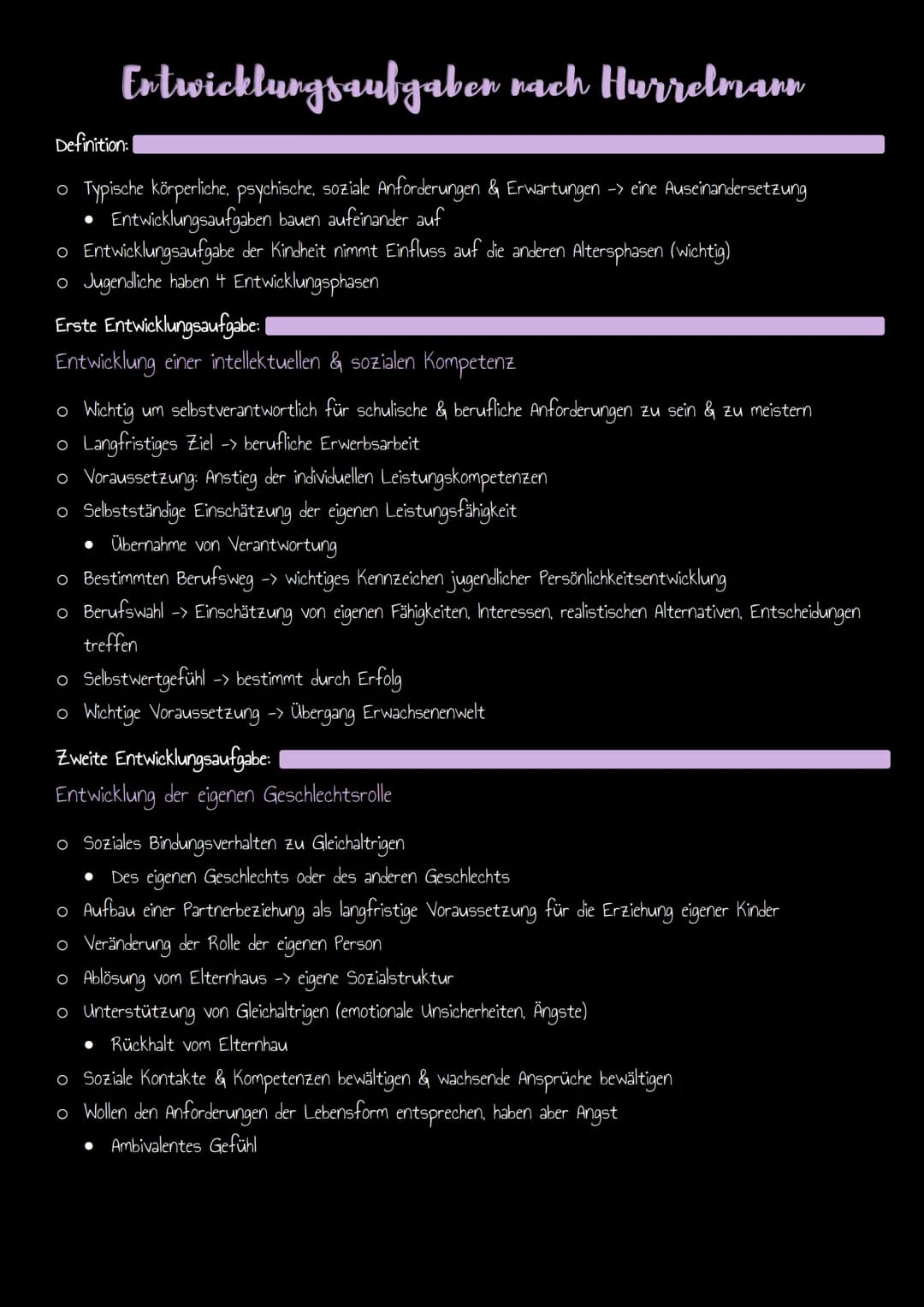 Entwicklungsaufgaben nach Hurrelmann
Definition:
o Typische körperliche, psychische, soziale Anforderungen & Erwartungen -> eine Auseinander