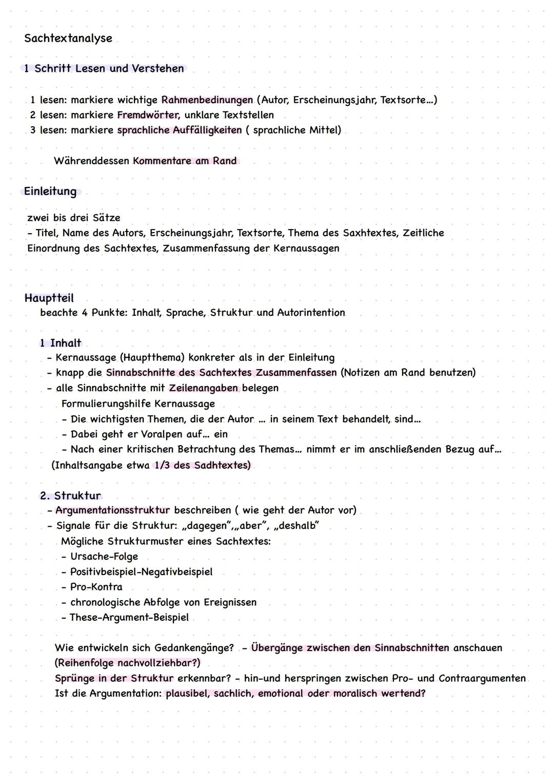 # Sachtextanalyse

1 Schritt Lesen und Verstehen

1 lesen: markiere wichtige Rahmenbedinungen (Autor, Erscheinungsjahr, Textsorte...)
2 lese