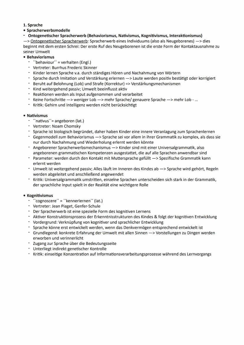 Inhaltsverzeichnis:
Deutsch-Lernzettel GK/ Abitur NRW
1. Sprache Spracherwerbsmodelle (Ontogenetischer Spracherwerb)
2. Sprachgeschichtliche