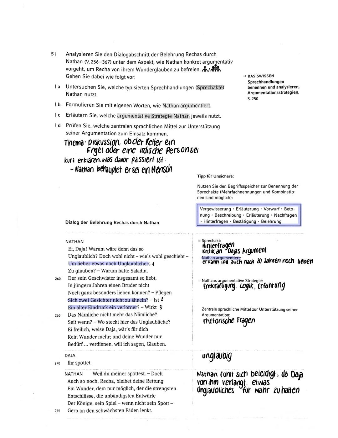 41
Detailanalyse einer Dramenszene
Das ,,Belehrungs-Gespräch“ zwischen Nathan und
Recha (1,2)
Makrostruktur des Gespräches in Auftritt 1,2:

