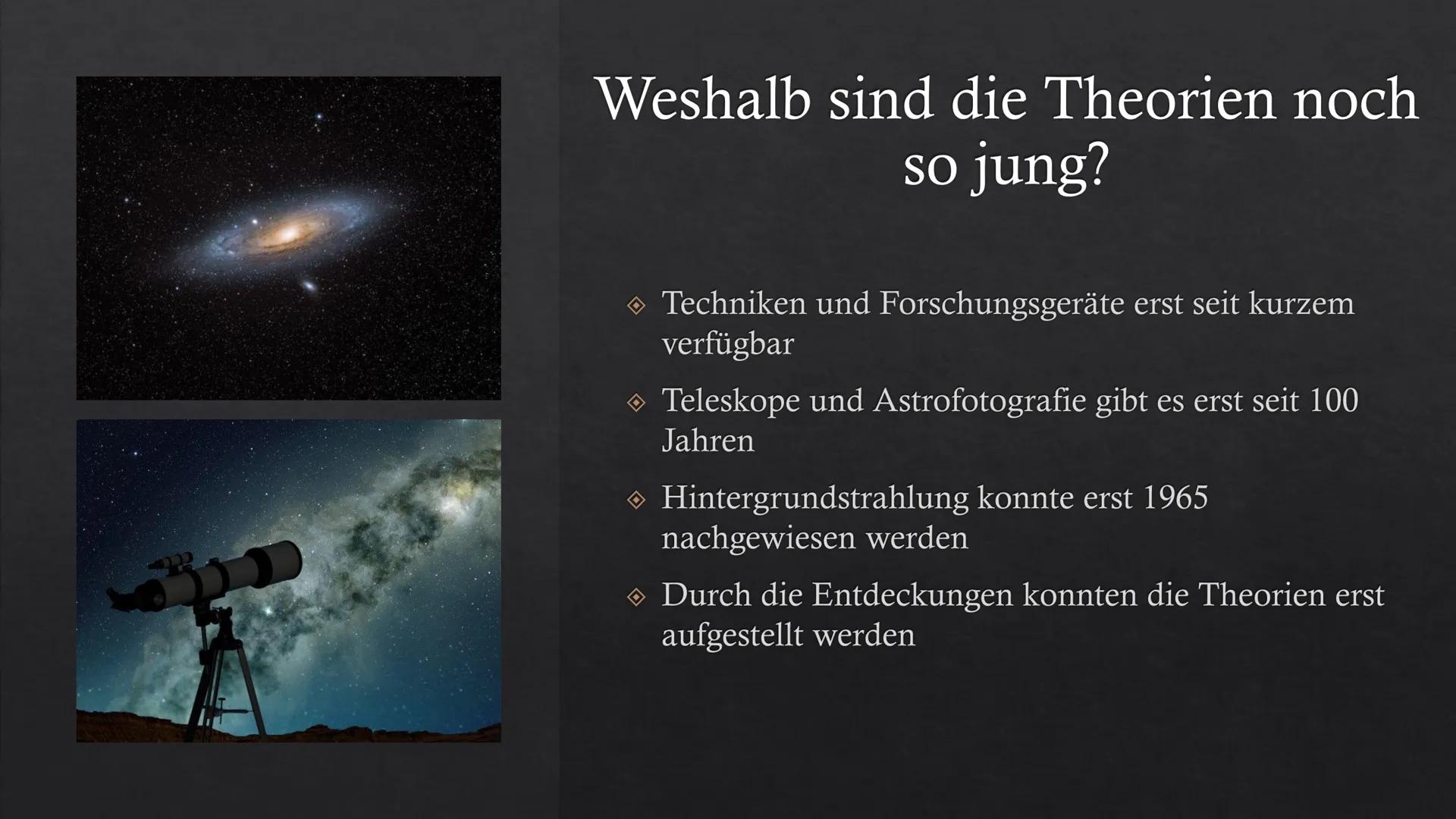 # Die Entstehung des Universums
Urknalltheorie:

Der Urknall war vor 13,7 Milliarden Jahren, davor gab es nur Energie,
die auf einem extrem 