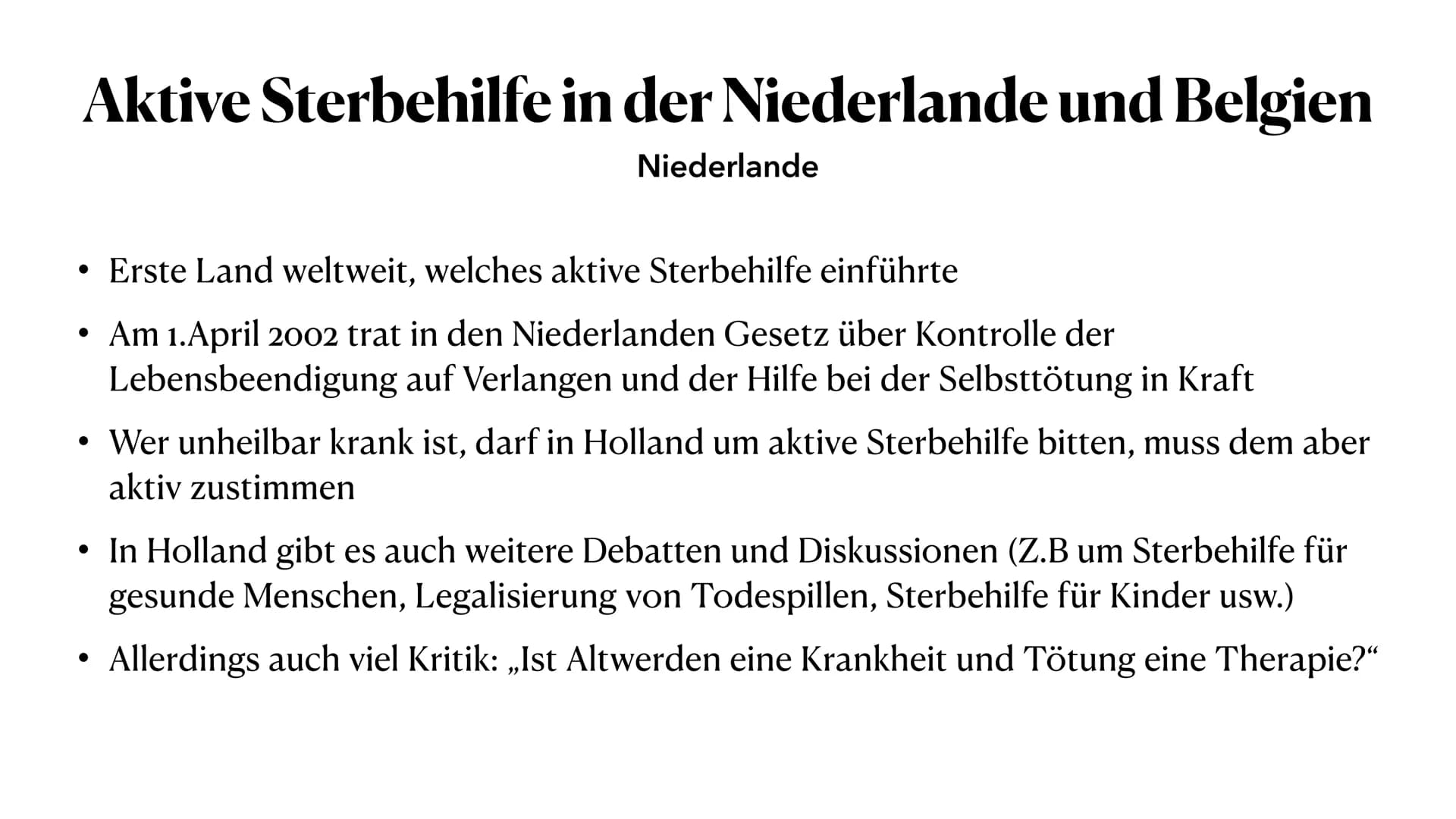 Aktive Sterbehilfe
2.Juni 2022 Gliederung
1. Passive, indirekte und aktive Sterbehilfe
2. Definition Aktive Sterbehilfe
3. Beispiel Niederla