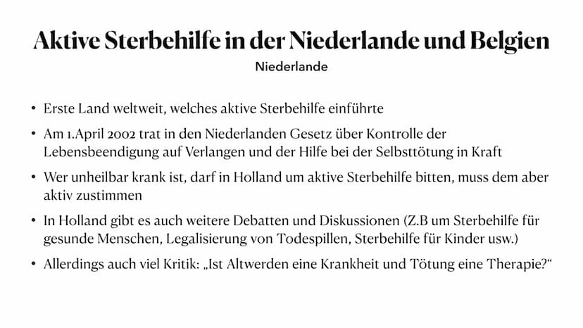 Aktive Sterbehilfe
2.Juni 2022 Gliederung
1. Passive, indirekte und aktive Sterbehilfe
2. Definition Aktive Sterbehilfe
3. Beispiel Niederla