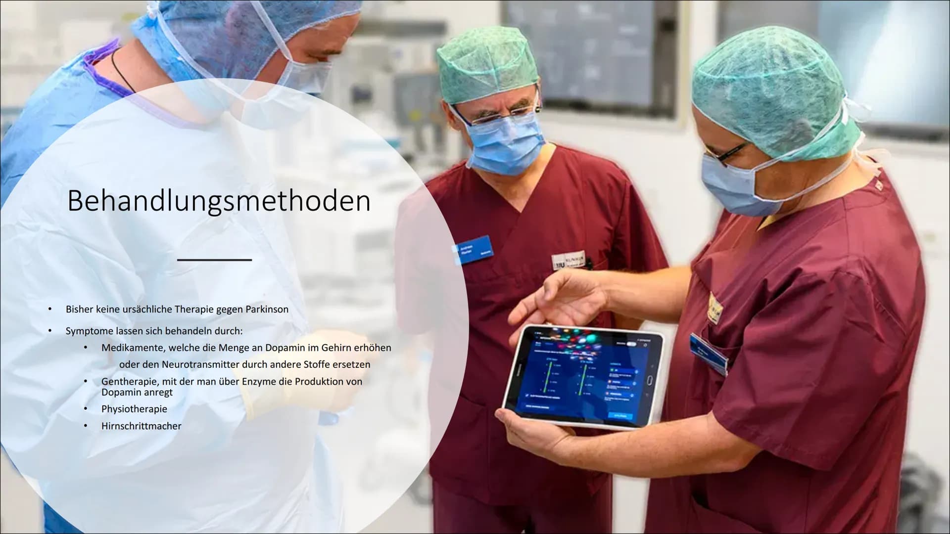 Parkinson Gliederung
●
Parkinson - Was ist das?
Symptome
Ursachen, Risiko Faktoren
Stadien
Syndrome
Behandlungsmethoden
• Neuronale Wirkung
