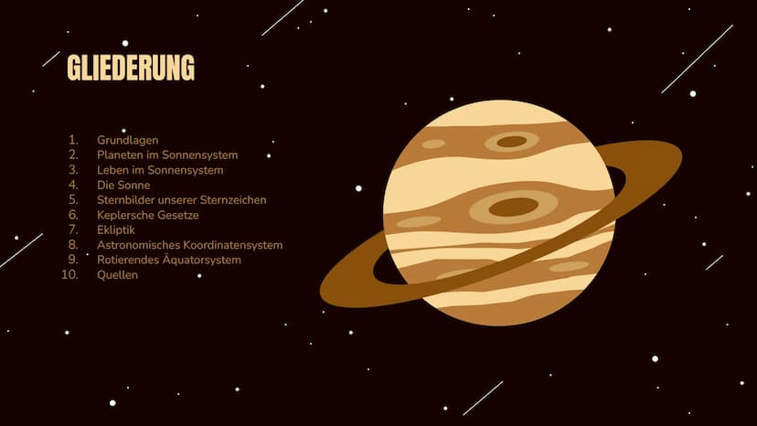 UNSER
SONNENSYSTEM
PRÄSENTATION VON NATE DASZEK &
ANNEMARIE HEBERT GLIEDERUNG
1.
2.
3.
4.
5. Sternbilder unserer Sternzeichen
6. Keplersche 