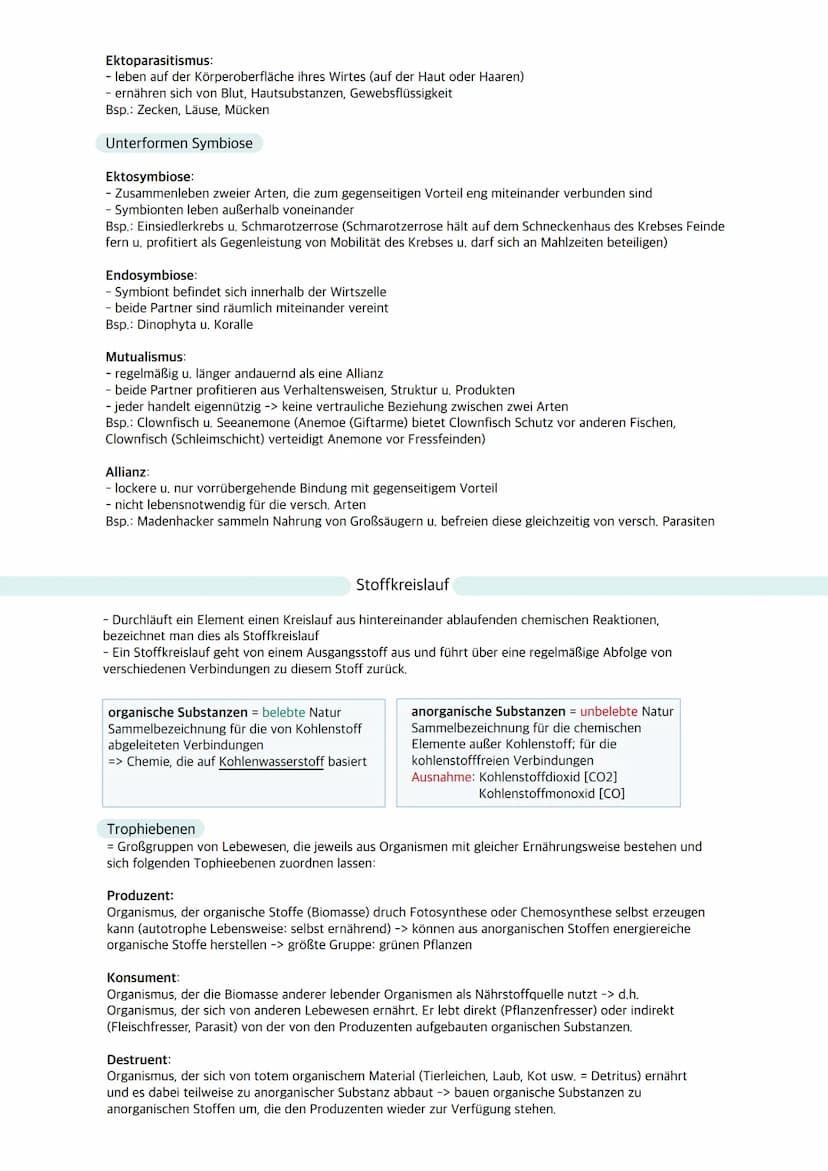 Ökologie
Ökosystem: Wechselbeziehungen zwischen Organismen und ihrer Umwelt; dynamisches Beziehungsgefüge
aus Biozönose (Lebensgemeinschaft)