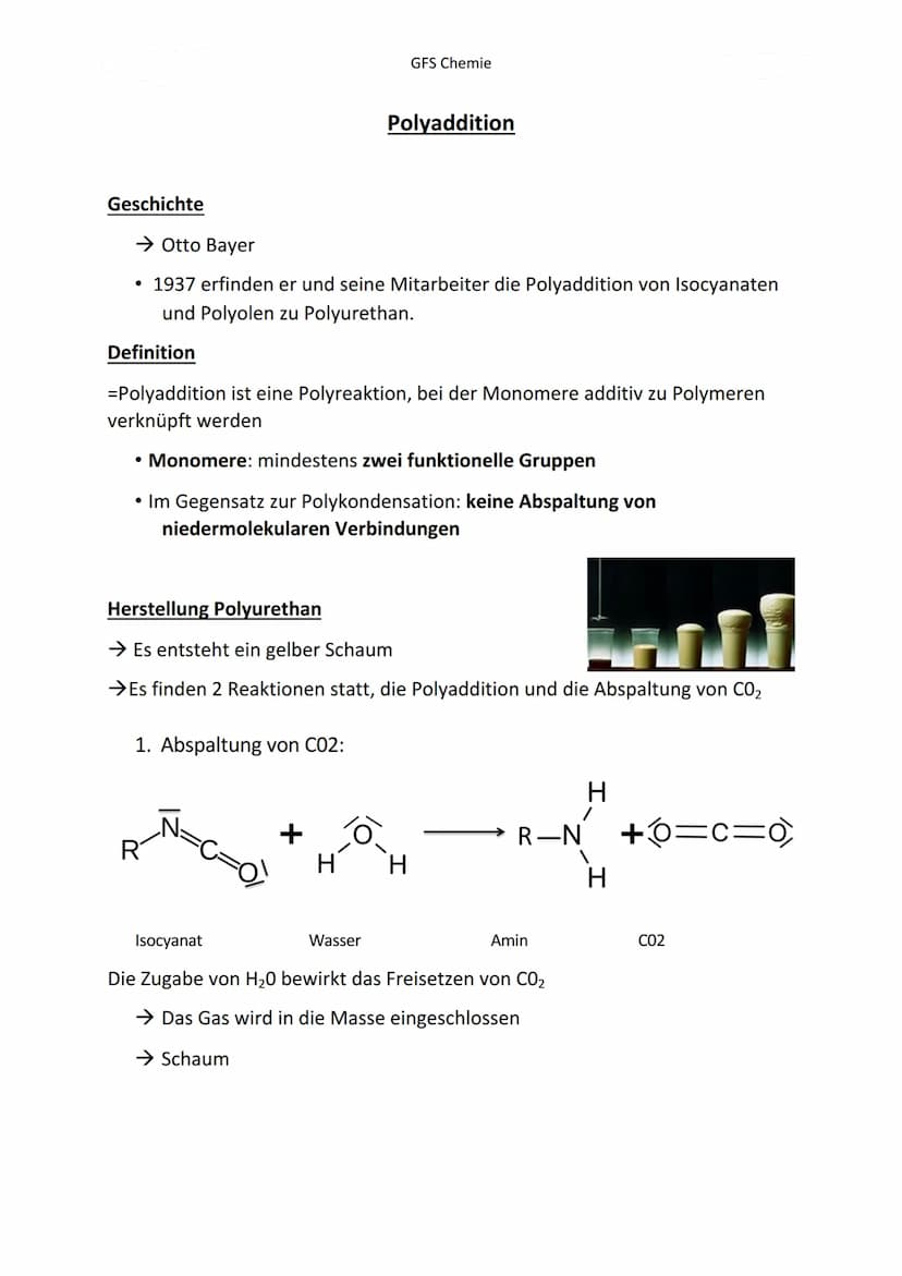 Geschichte
Definition
→ Otto Bayer
• 1937 erfinden er und seine Mitarbeiter die Polyaddition von Isocyanaten
und Polyolen zu Polyurethan.
=P