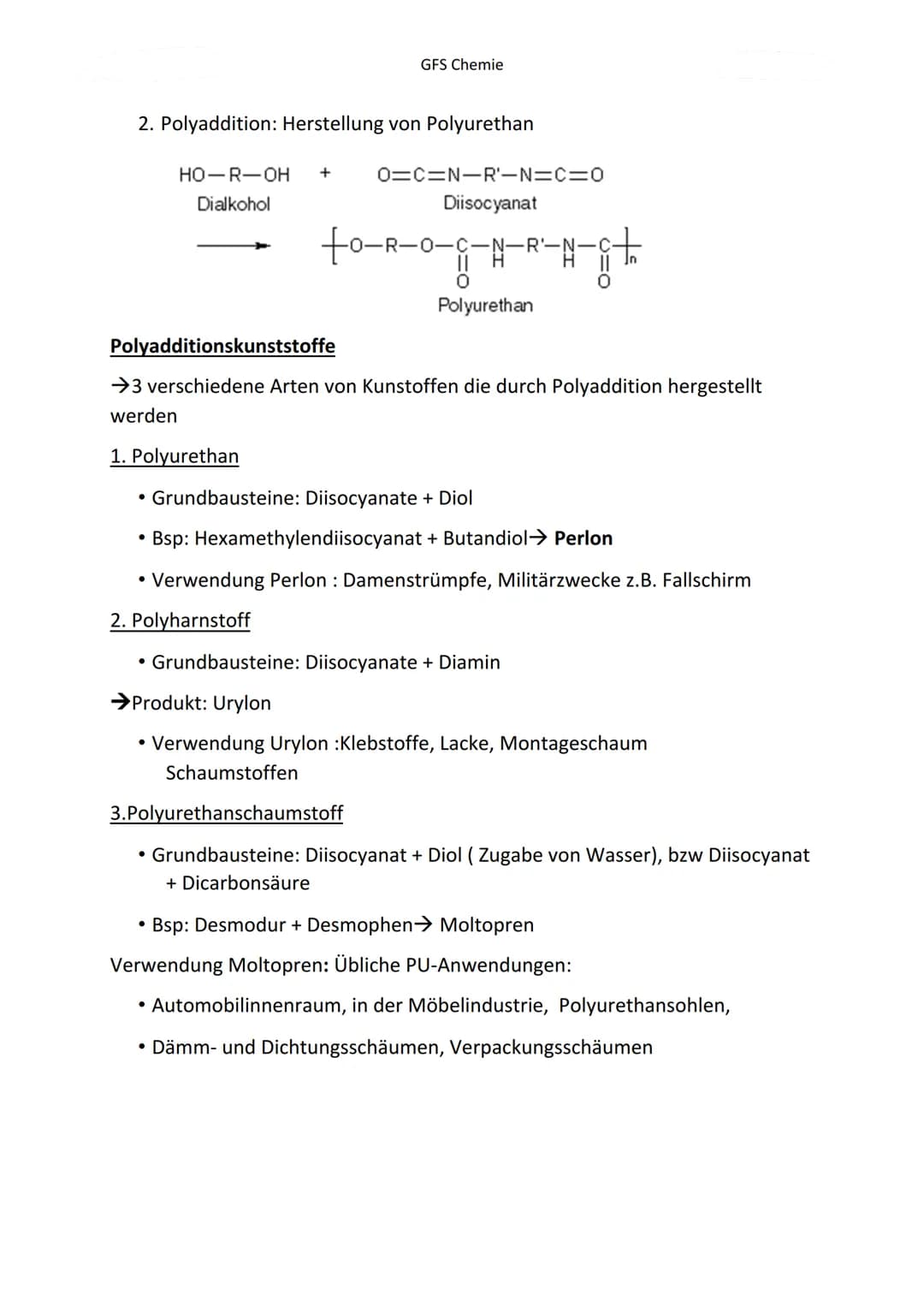 Geschichte
Definition
→ Otto Bayer
• 1937 erfinden er und seine Mitarbeiter die Polyaddition von Isocyanaten
und Polyolen zu Polyurethan.
=P