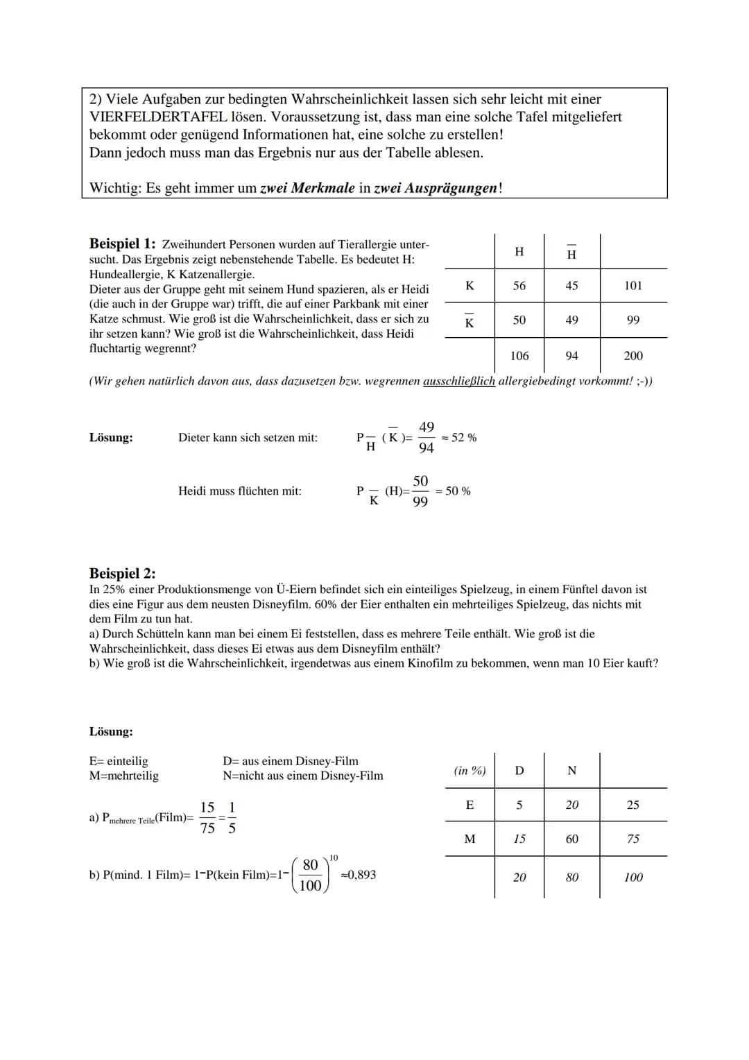 2) Viele Aufgaben zur bedingten Wahrscheinlichkeit lassen sich sehr leicht mit einer
VIERFELDERTAFEL lösen. Voraussetzung ist, dass man eine