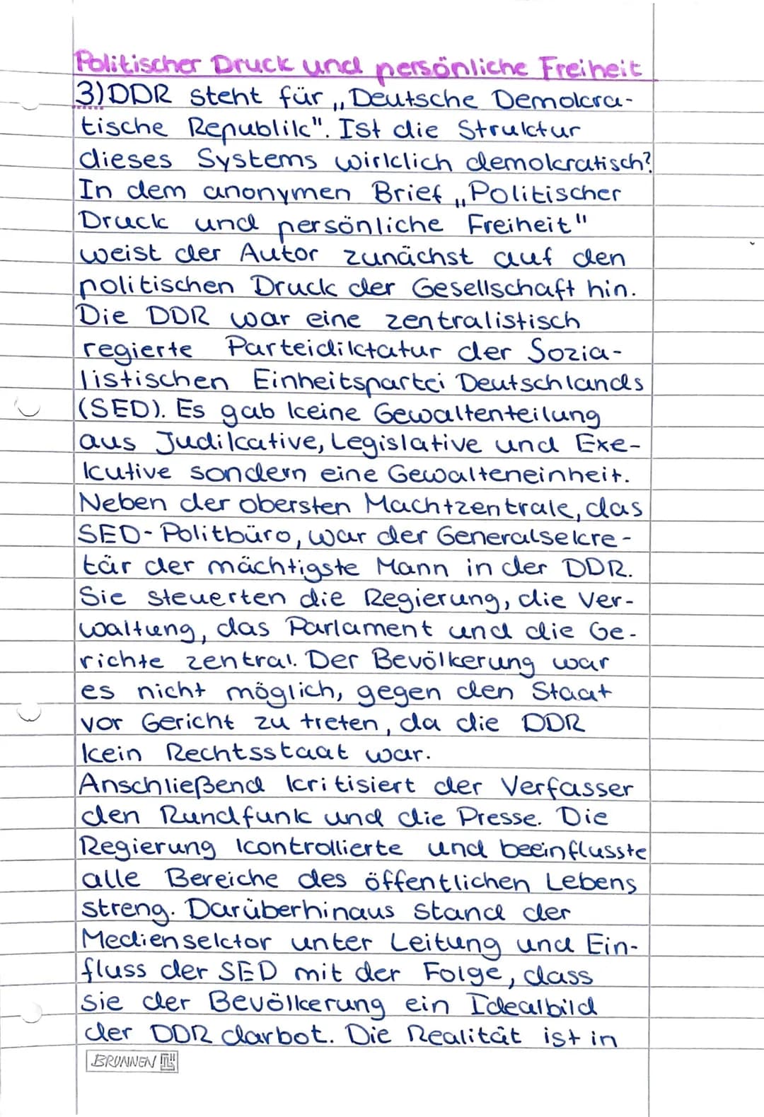 ☺
+4
Politischer Druck und persönliche Freiheit
3)DDR steht für Deutsche Demolcra-
tische Republik". Ist die Struktur
dieses Systems wirklic