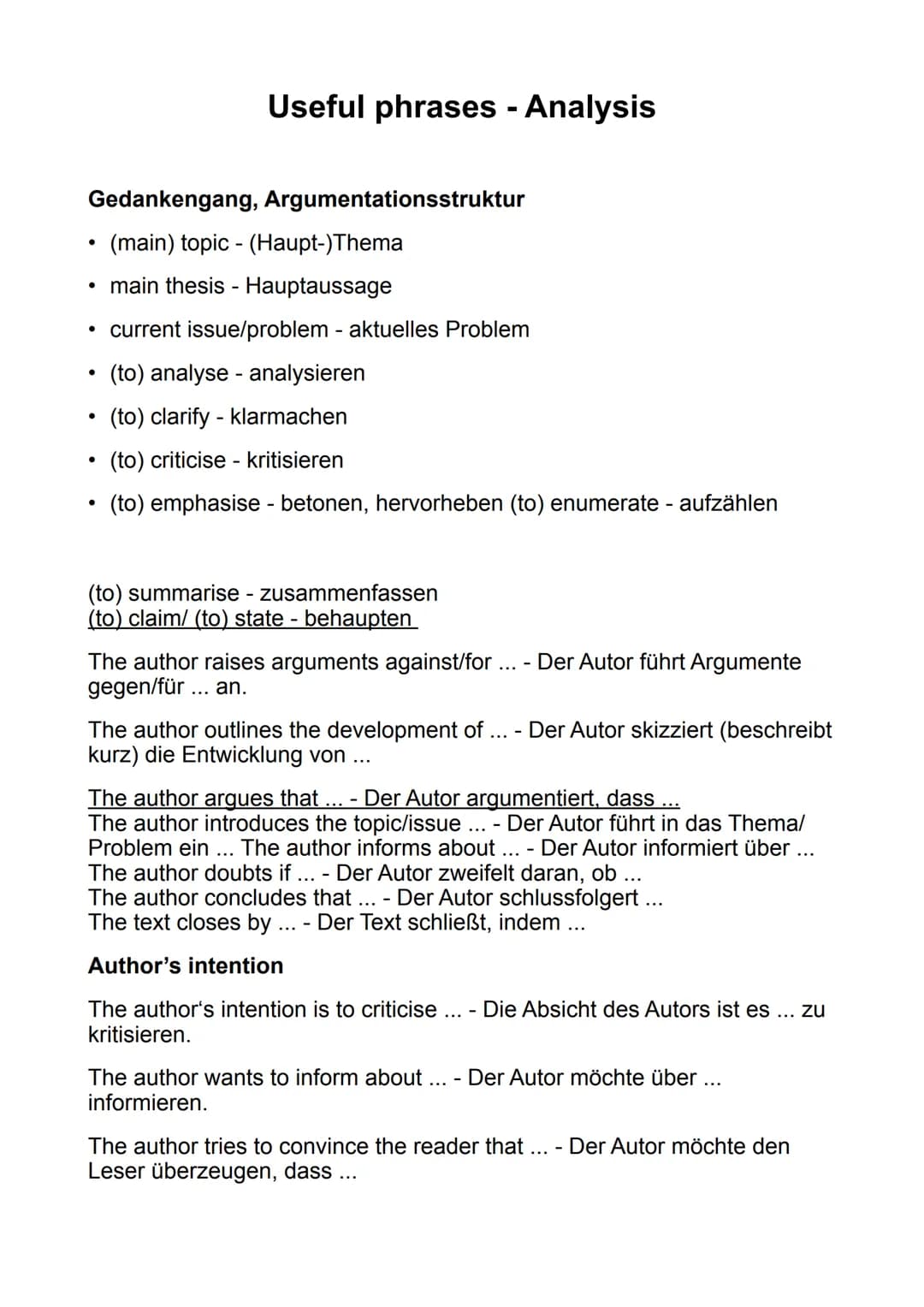Gedankengang, Argumentationsstruktur
• (main) topic - (Haupt-)Thema
main thesis - Hauptaussage
• current issue/problem - aktuelles Problem
(