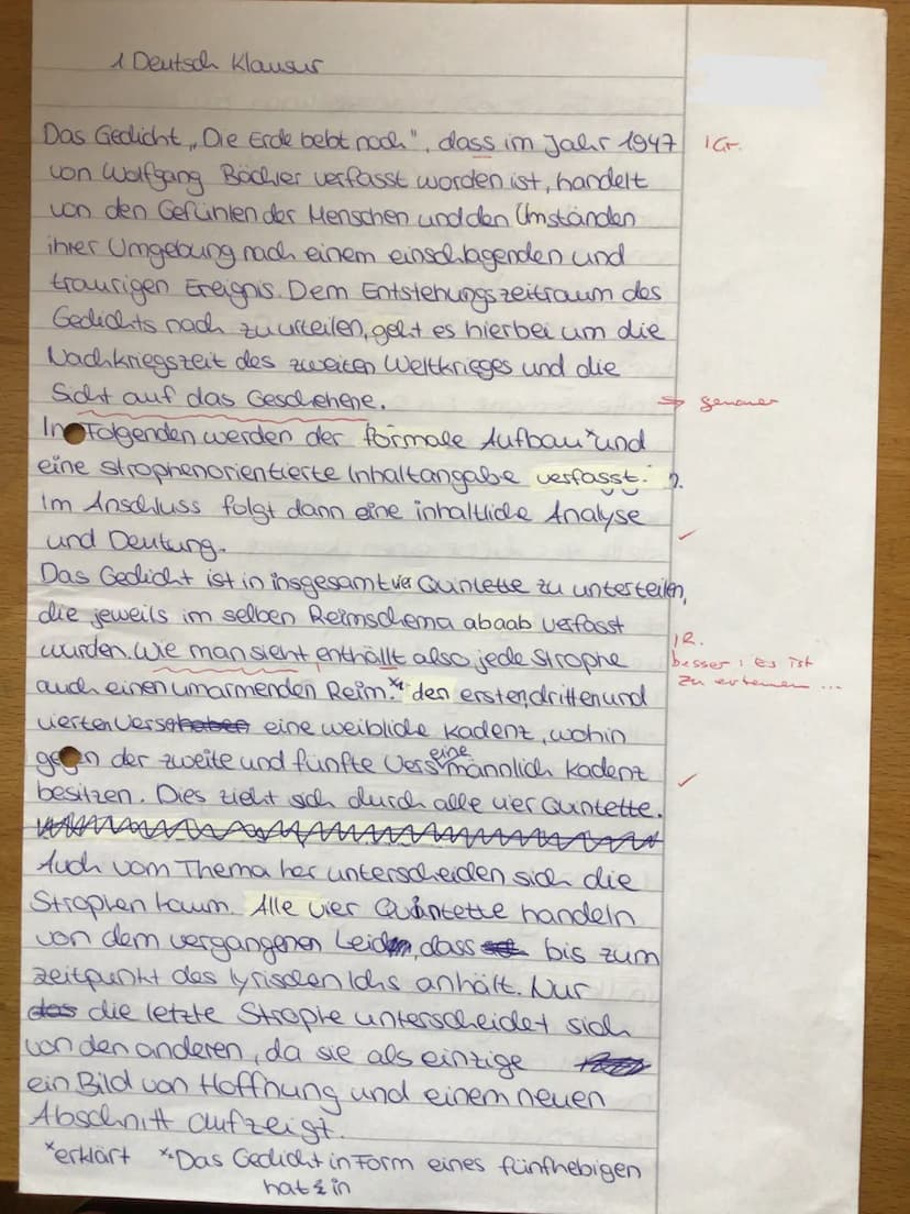 Klausur I
Fach Deutsch
EF
7. November 2019
Name des Schülers
Aufgabe
1. Verfassen Sie eine vollständige Gedichtanalyse zu dem Gedicht von Wo