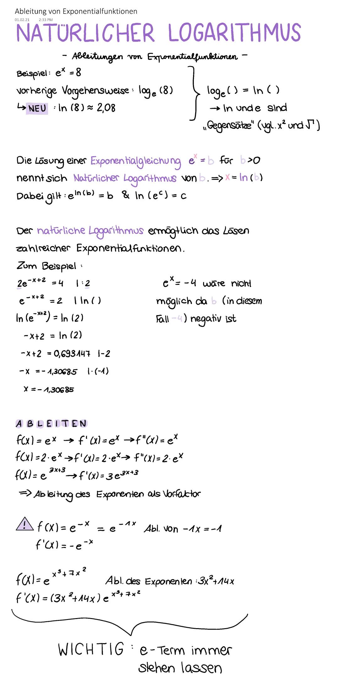 Natürlicher Logarithmus und Ableitungen von Exponentialfunktionen