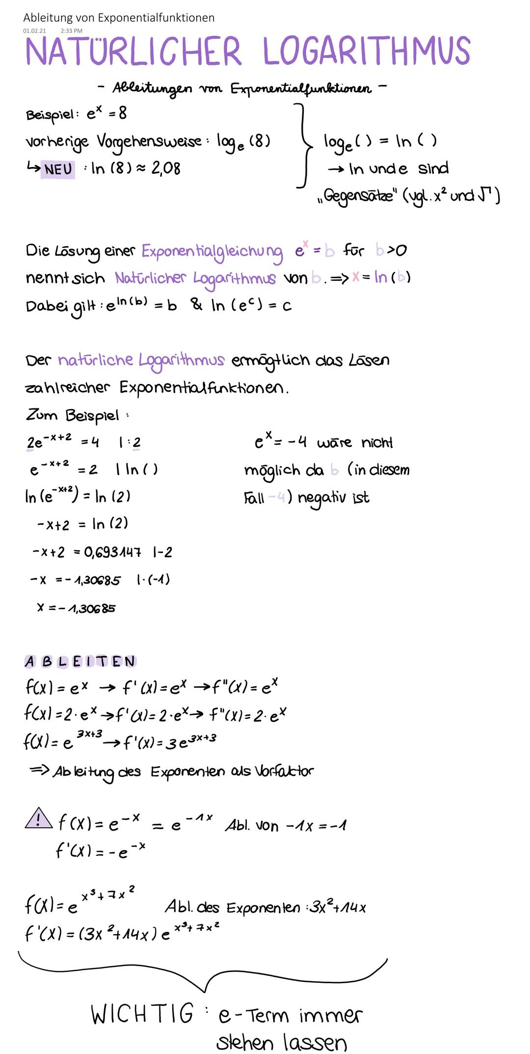 Ableitung von Exponentialfunktionen
2:33 PM
NATÜRLICHER LOGARITHMUS
- Ableitungen von Exponentialfunktionen -
01.02.21
Beispiel: e* = 8
vorh
