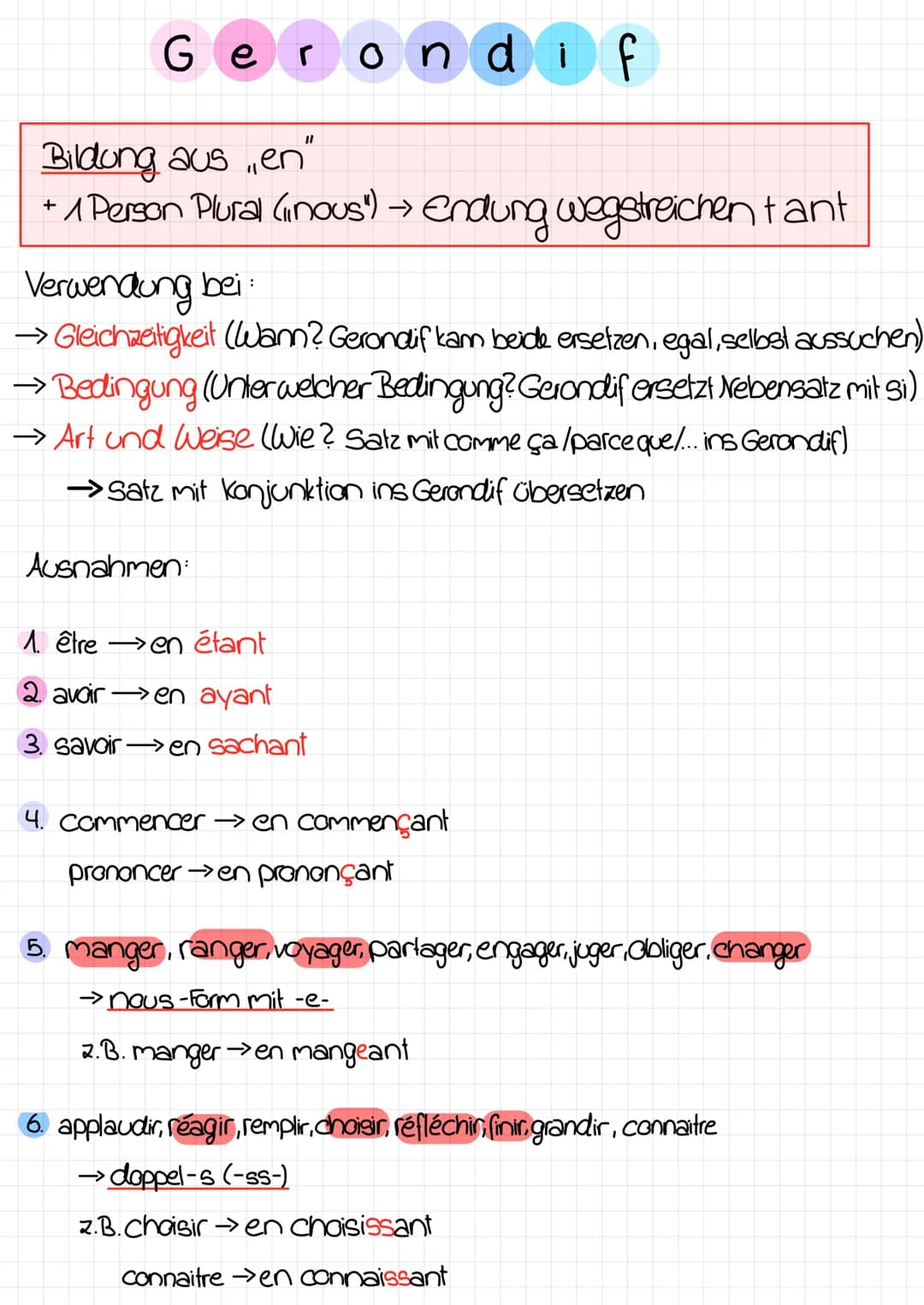 Gerondi f
Bildung aus "en"
+
1 Person plural (inous")
Ausnahmen
→>
› endung wegstreichen ta
Verwendung bei:
→ Gleichzeitigkeit (Wann? Gerond