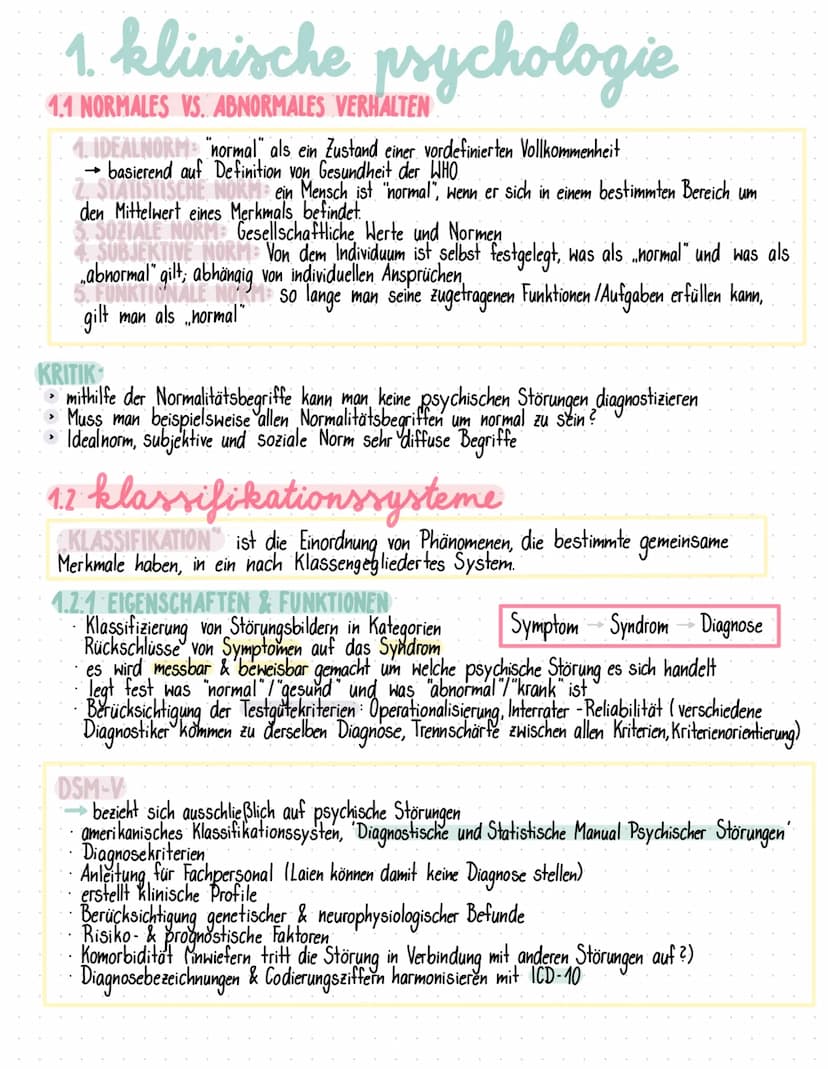 2. PSYCHOLOGIEKLAUSUR KLINISCHE PSYCHOLOGIE
1.KLINISCHE PSYCHOLOGIE
1.1 normales vs. abnormales Verhalten
1.2 Klassifikationssysteme
1.2.1 E