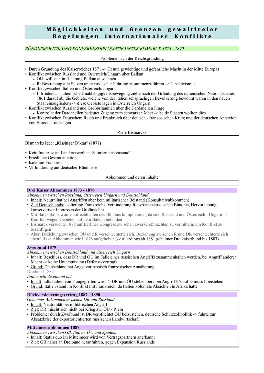 Möglichkeiten und Grenzen gewaltfreier
Regelungen internationaler Konflikte
BÜNDNISPOLITIK UND KONFERENZDIPLOMATIE UNTER BISMARCK 1873 - 189
