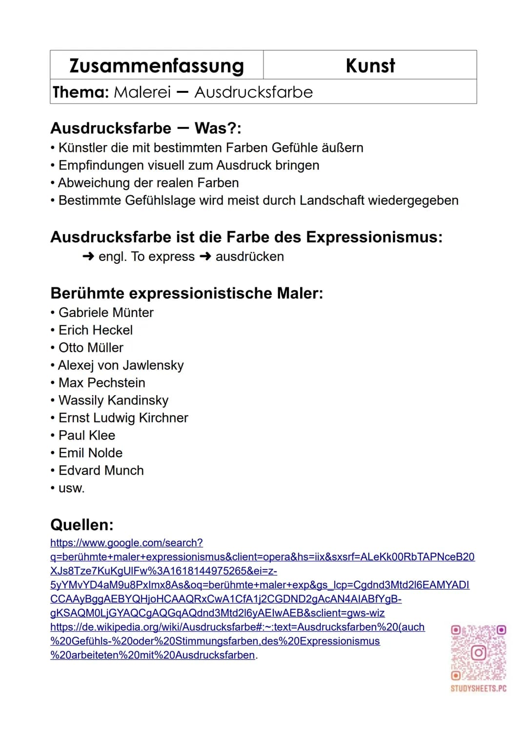Zusammenfassung
Thema: Malerei - Ausdrucksfarbe
●
Ausdrucksfarbe - Was?:
Künstler die mit bestimmten Farben Gefühle äußern
• Empfindungen vi