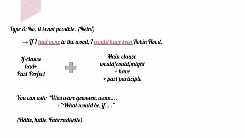 Englisch Conditional Clauses
Type 1: Yes, it is possible. (sicher)
If1 go to the wood, I will see Robin Hood.
+
If-clause
Simple Present
Mai