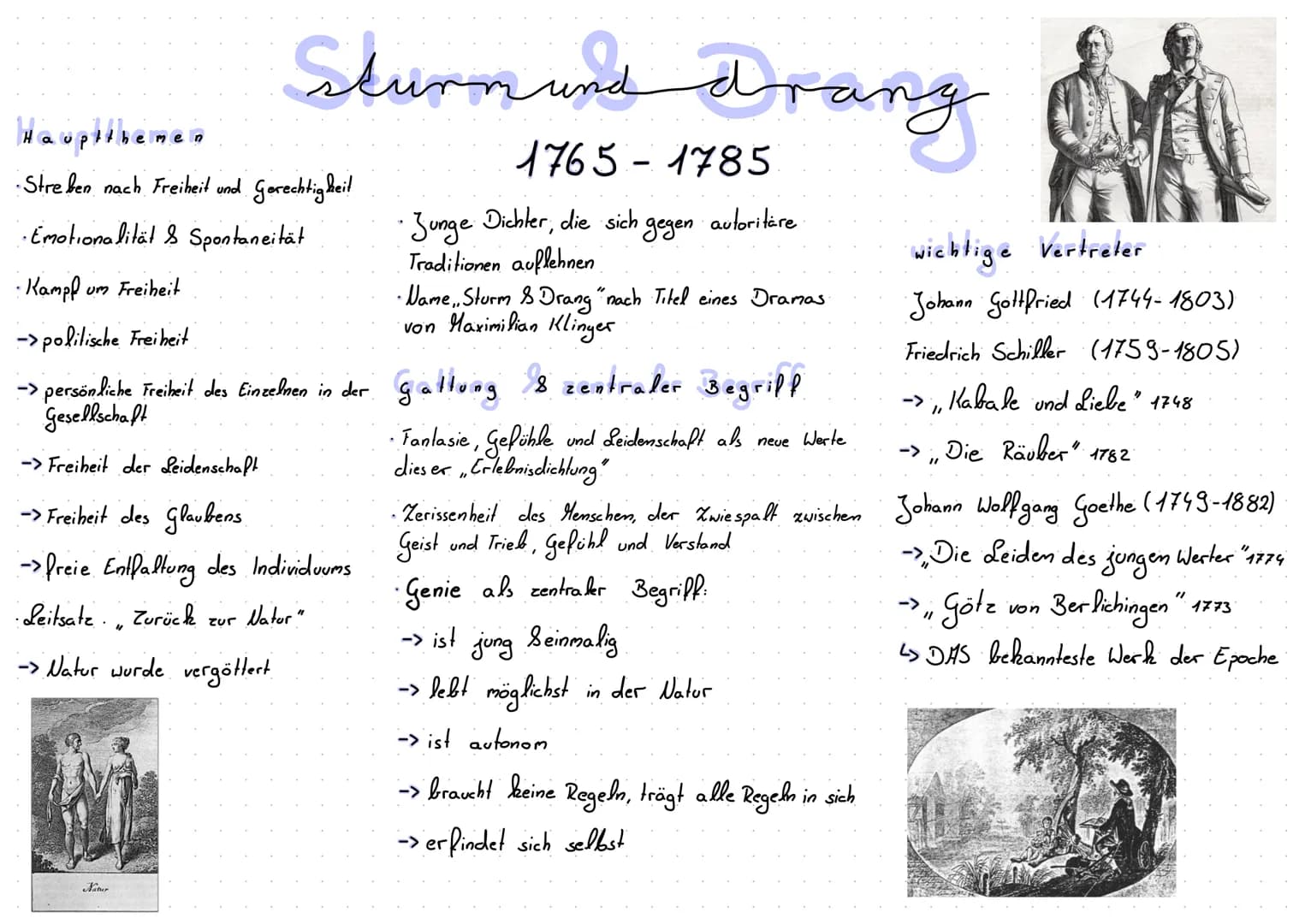 Sturm und Drang
1765-1785
Hauptthemen
Streben nach Freiheit und Gerechtigkeit
•Emotionalität & Spontaneität
um Freiheit
· Zunge
Traditionen 