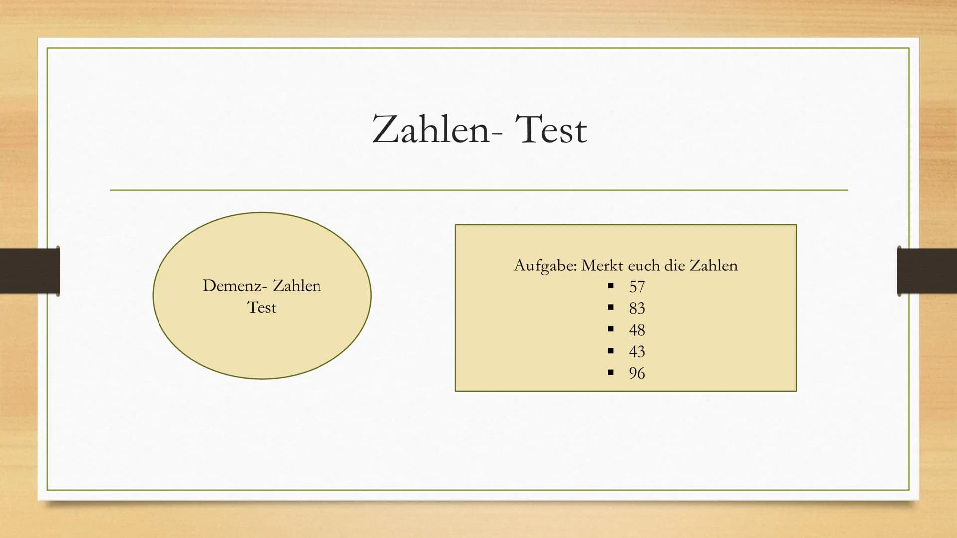 Demenz Demenz- Zahlen
Test
Zahlen-Test
Aufgabe: Merkt euch die Zahlen
▪ 57
▪83
48
▪
43
▪ 96 Definition
• wörtliche Übersetzung aus dem Latei