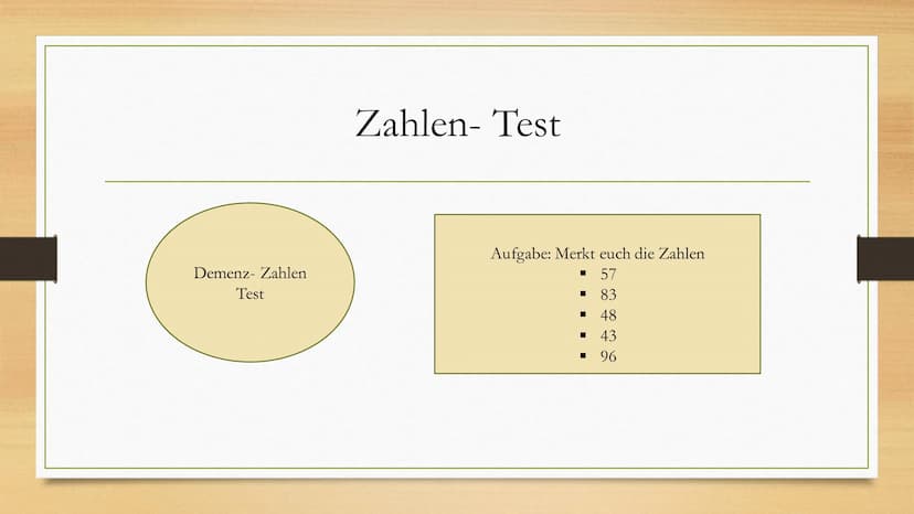 Demenz Demenz- Zahlen
Test
Zahlen-Test
Aufgabe: Merkt euch die Zahlen
▪ 57
▪83
48
▪
43
▪ 96 Definition
• wörtliche Übersetzung aus dem Latei