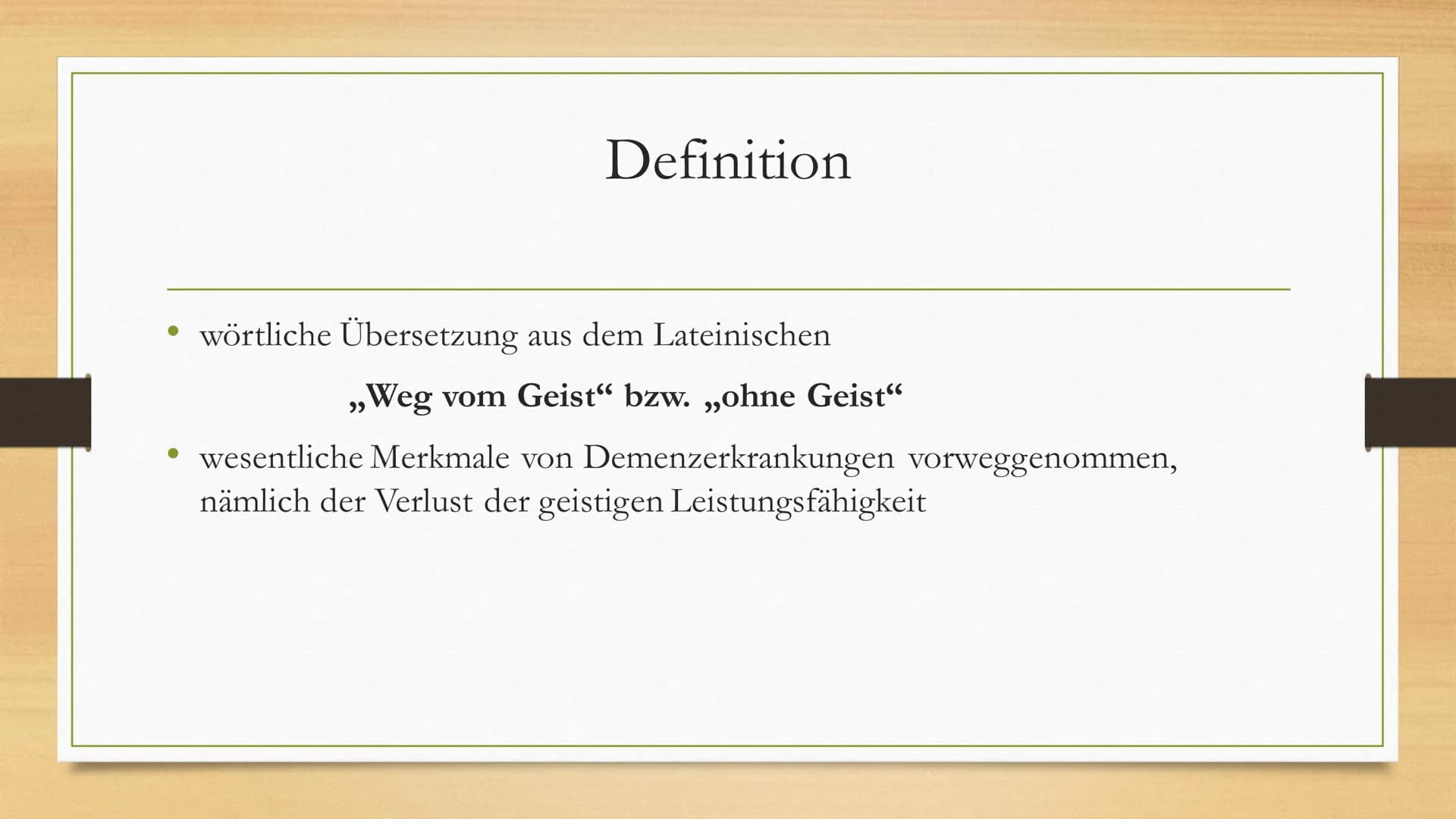Demenz Demenz- Zahlen
Test
Zahlen-Test
Aufgabe: Merkt euch die Zahlen
▪ 57
▪83
48
▪
43
▪ 96 Definition
• wörtliche Übersetzung aus dem Latei